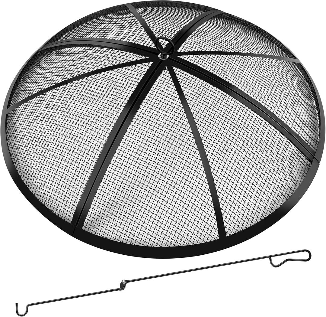Fire Pit Spark Screen, Fire Pit Screen 40 Inch Round with Handle & Poker, Collapsible Heavy Duty Mesh Fire Pit Cover Fire Pit Lid for Outdoor/Patio/Backyard/RV Camping/Beach (Black)
