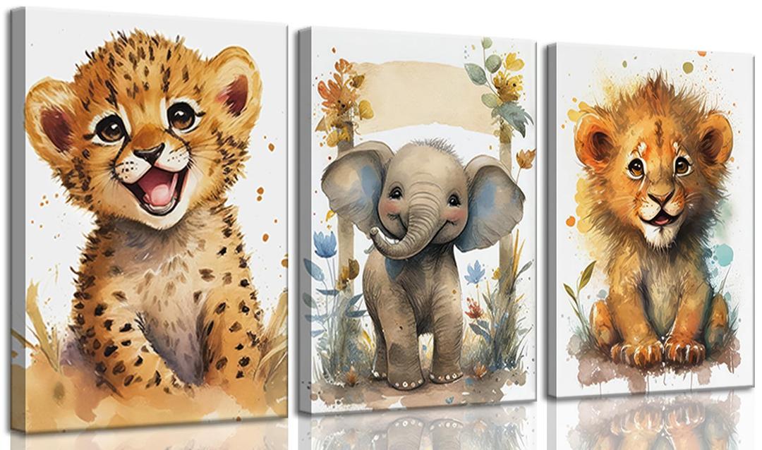 HKMXCD 3Pcs Baby Safari Animal Canvas Wall Art Jungle Watercolor Animal Wall Decor Picture Lovely Painting Artwork Kids Room Prints for Boy Girl Room Home decoration 16x24in