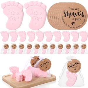 Swiffen 50 Sets Baby Shower Soap Favors for Guests Boy Girl Mini Handmade Scented Soaps with Thank You Tags and Organza Bags for Shower Gender Reveal Party Favors(Pink Footprint,It's A Girl)