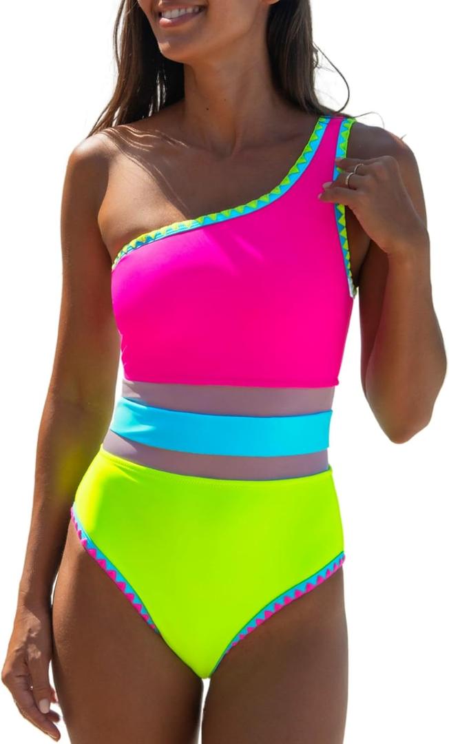 Popvil One Shoulder One Piece Swimsuits for Women 2025 Slimming Neon Color Block Tummy Control Bathing Suit Cutout Swimwear (Large, Hot Pink)