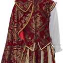 Willyacos Men's Tudor Elizabethan Period Costume Royal Pince Tudor King Costume Nobleman Costume Vest Pants Hat Cape (Medium, Red)
