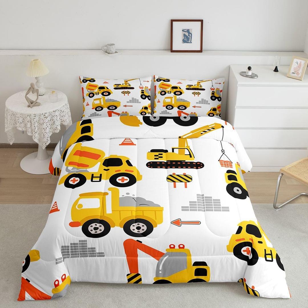 Feelyou Cartoon Car Comforter Set Kids Construction Comforter for Boys Equipment Trucks Bedding Set Breathable Cartoon Yellow Car Excavator Tractor Duvet Set Room Decor Twin Size with 1 Pillow Case