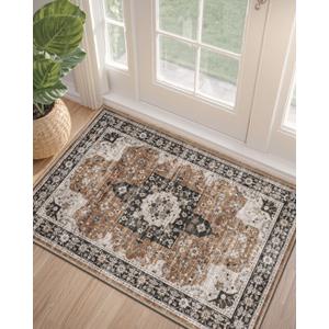 DEXI Area Rugs for Entryway 1'5"x2'6", Washable Low Pile Vintage Traditional Entry Rug Non Slip, Small Indoor Door Mat for Bedroom Kitchen Entrance Hallway, Brown