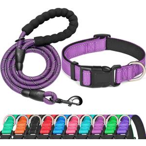 Reflective Dog Collar Padded with Soft Neoprene Breathable Adjustable Nylon Dog Collars for Small Medium Large Dogs (X-Small (Pack of 1), Purple Collar+Leash)