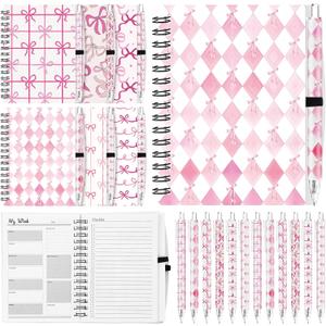 Sinload 24 Pcs Pink Bow Ballpoint Pens with 3 Notebooks, Black Ink Set | Coquette Preppy Aesthetic Supplies for Girls, Cute Writing Gift for School Office Birthday, Spiral Notebooks with Holder