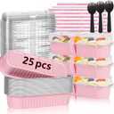 YQER 25 Pack Mini Loaf Pans with Lids and Spoons Sealing Sticker, 6.8oz Mini Cake Pans for Baking, Disposable Aluminum Foil Loaf Pans, Pink Loaf Baking Pans, Small Cake Containers With Lids, Pink