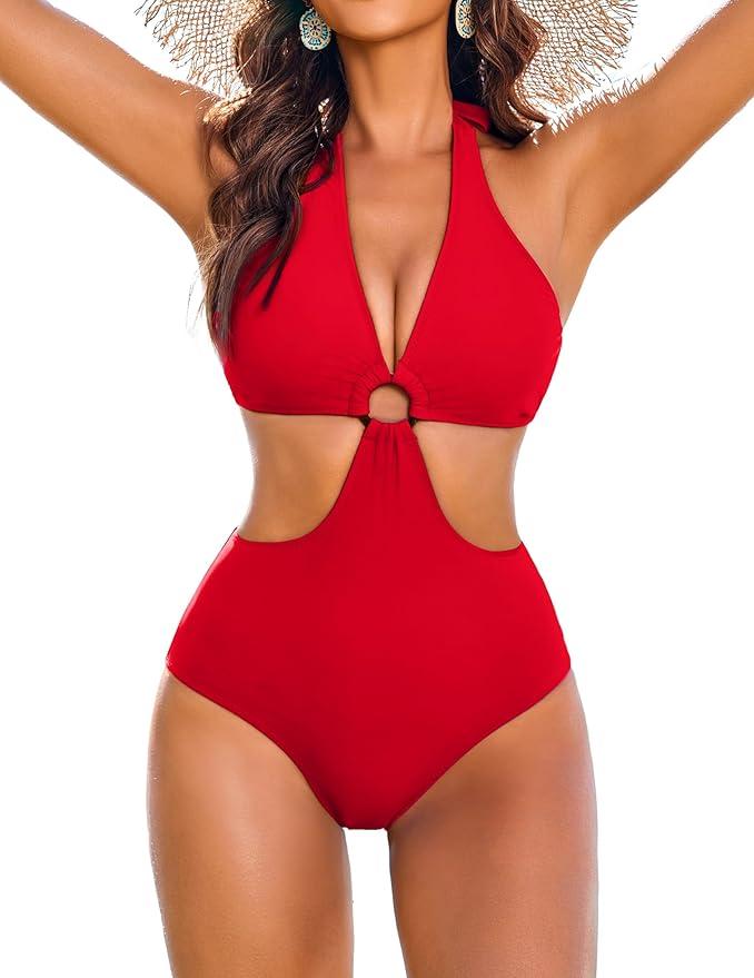 AI'MAGE Women Plus Size One Piece Swimsuit V Neck Tummy Control Bathing Suit O Ring Cutout Slimming Padded Halter Swimwear, X-Large Red