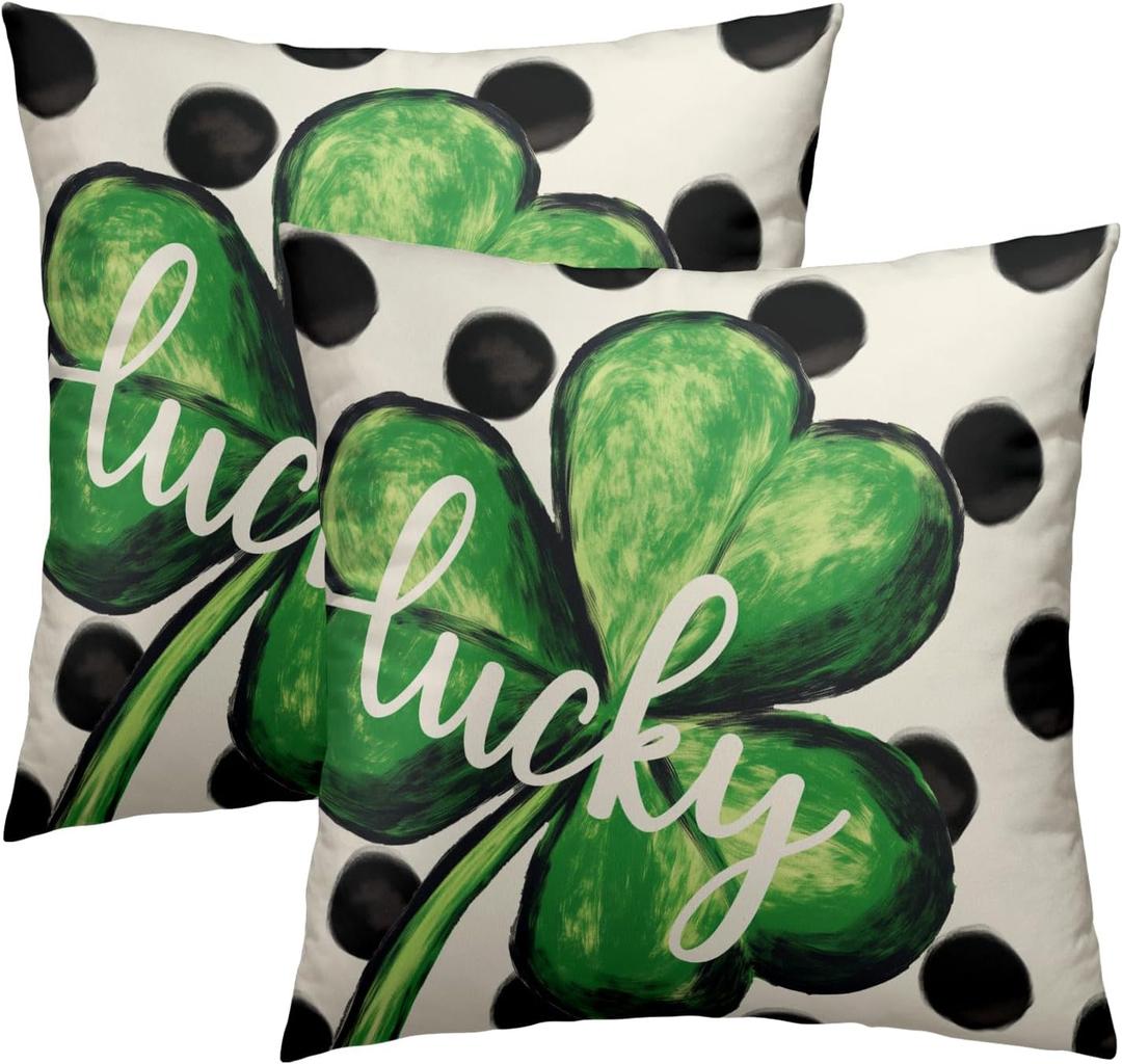 St. Patrick's Day Throw Pillow Covers 18x18 Inch Set of 2 Lucky Shamrock and Cream Dot Cushion Case Square Lucky Clover Green and Cream Throw Pillows Case for Party Sofa Couch Bed Bench Outdoor
