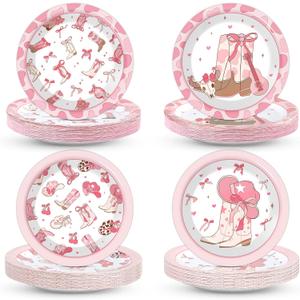 48 Pcs Pink Western Cowgirl Paper Plates Coquette Bow Cowgirl Disposable Tableware Pink Bowknot Dinnerware Rodeo Bachelorette Party Supplies for Baby Shower Wedding Birthday Party Decorations