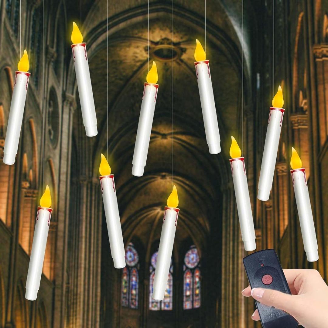 Floating Candles with Remote, 10 PCs Hanging Candles, Flickering Warm Light Flameless Floating LED Candle, Battery Operated Window Taper Candle Set for Halloween Home Party Decoration-White
