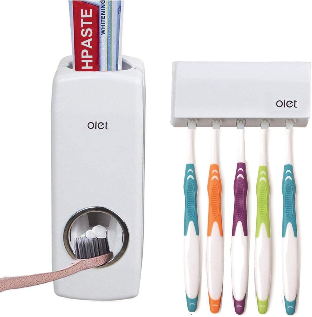 Toothpaste Dispenser and Toothbrush Holder Set, Wall Mounted Automatic Toothpaste Squeezer and Toothbrush Organizer Holder,Restroom Bathroom Accessories (5 Brushes Slots),White