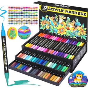 Amamao 132-Color Acrylic Marker Pen Set for Drawing on Stone, Fabric, Plastic, Wood, Canvas, Rock, Glass, Paper, Craft Supplies