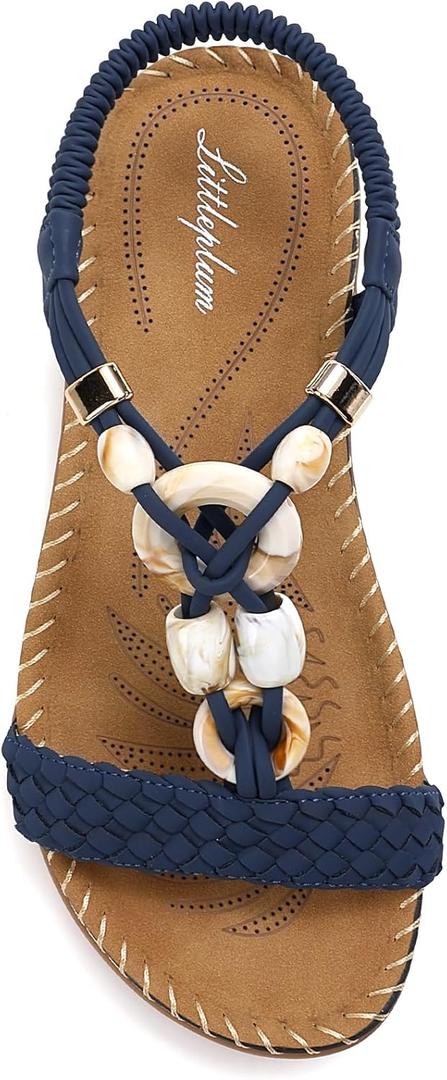 Littleplum Women Sandals Arch Support Handmade Bohemian Braided Flat Sandals Comfort Walking Beach Ankle Elastic Summer Shoes (8, Trendy Blue)