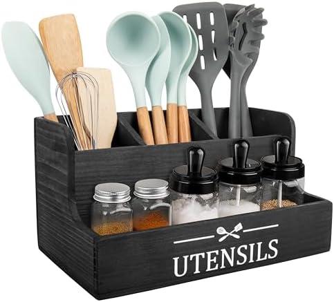 RedCall Extra Large Kitchen Utensils Holder 4 Compartments,Wood Utensil Organizer for Kitchen Countertop,Farmhouse Cooking Utensil Holder with Spice Storage space (Black)