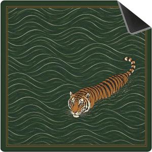 Green Tiger Mahjong Mat 31.5X31.5 in, Tigers Gifts for Women, Vintage Green Tiger Non-Slip Noise Reduction Mahjong Table Cover Accessories Supplies for Dominoes Poker Card Board and Tile Games Gifts