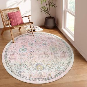 Lahome Light Pink Boho Rug 6ft, Circle Washable Area Rugs for Playroom Kids Room, Soft Floral Nursery Round Carpet Non Slip, Pastel Floor Carpet for Bedroom Living Room