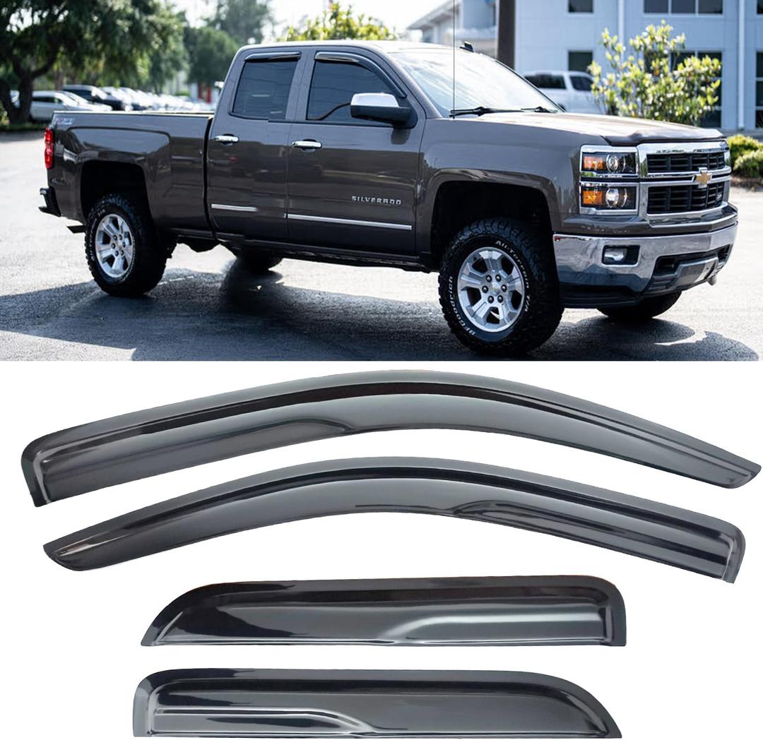 Window Visors Rain Guards for Chevy Silverado/GMC Sierra 1500 2500HD 3500HD Double/Extended Cab 2014-2018,Side Wind Deflectors Vent Guard Shade Sun Smoke 94528, 4-Pieces Set