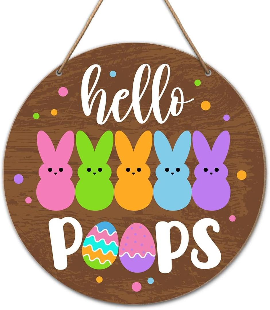 Easter Bunny Eggs Welcome Wood Hanging Sign Door Decorations for Home, Easter Hello Peeps Wooden Sign Decor for Home Office Front Door