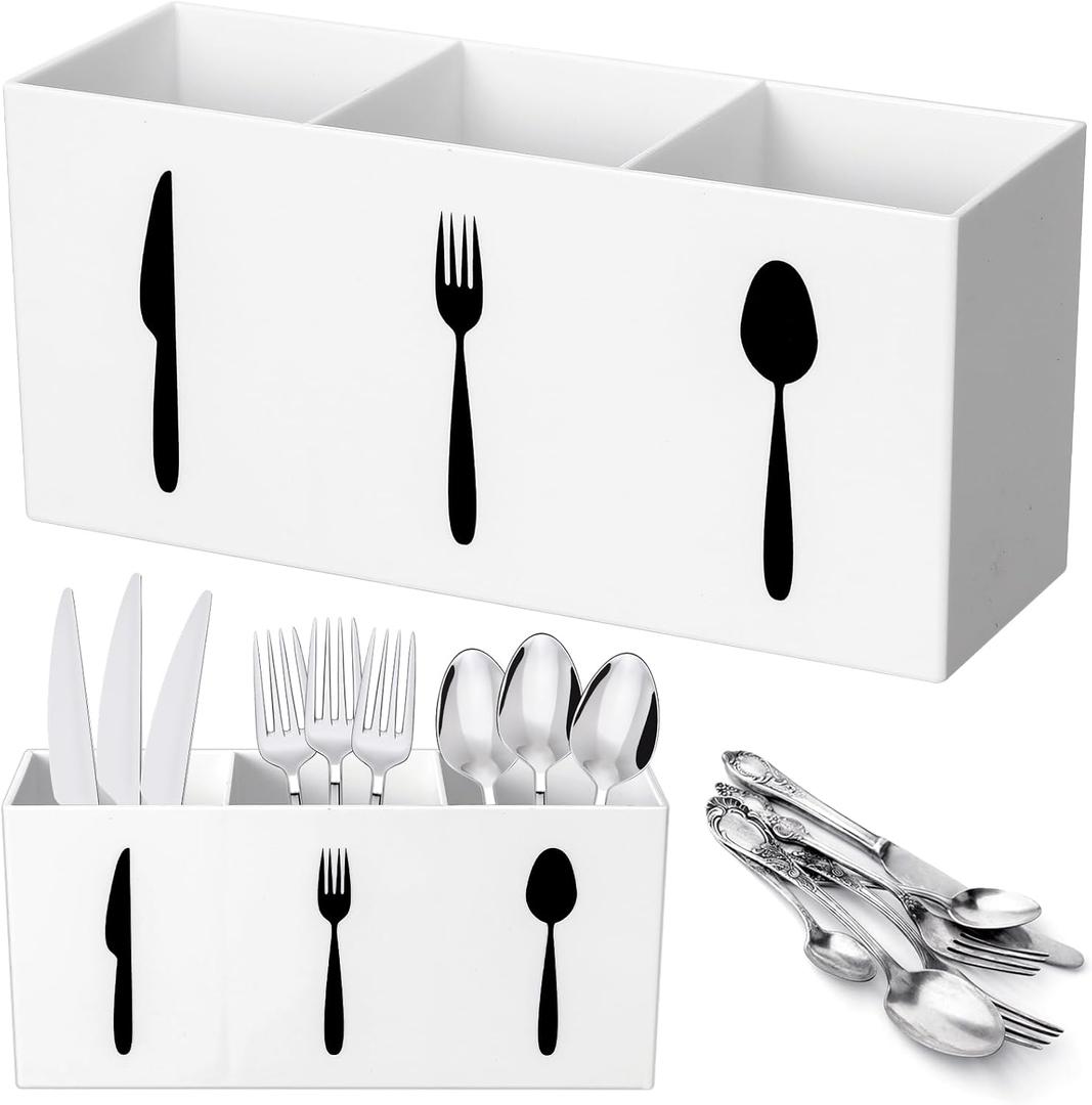 Suzile Acrylic Cutlery Storage Organizer Bin Silverware Caddy Countertop Knife Spoon and Fork Holder Kitchen 3 Section Tableware Storage Box for Cabinet Indoor Home Flatware Dining Room (White, M)