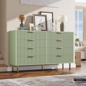 GarveeHome 8 Drawer Dresser for Bedroom, Fluted 55 in Wide Modern Chest of Drawers with Deep Drawers, Wooden Dresser Organizer for Living Room, Hallway, Kids Room, Green, 