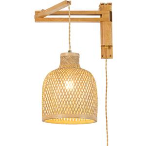 Wood Plug in Wall Sconces, Farmhouse Swing Arms Wall Lamp with Bamboo Woven Lampshade Mid-Century Modern Wall Mounted Lighting Fixture for Bedroom Living Room