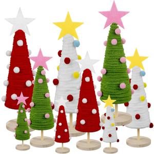 Jenaai 9 Pcs Christmas Table Decorations Mini Yarn Star Christmas Tree White Green and Red Xmas Tree Farmhouse Decor Tabletop for Holiday Indoor Home Table Wedding 12/9/7 Inch(Classic)