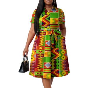 FANDEE Plus Size Dresses, Women Summer Casual V Neck Short Sleeve A-Line Cocktail Shirt Midi Dress with Belt and Pockets (Green Geo Print), Size: 4X-Large