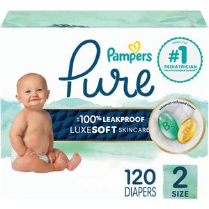 Pampers Pure Baby Diapers, Size 2 (12-18 lbs), 120, Up to 100% Leakproof, Premium Hypoallergenic Soft Diapers