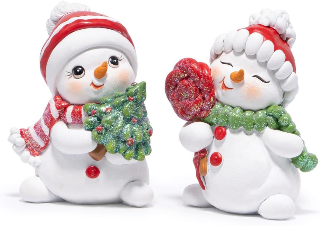 Hodao Christmas Snowman Figurines Decor  Resin Figurines with Glittered Finish, Hand-Painted-Look Tabletop Ornaments Mantel, Tiered Tray, Shelf, Stocking Stuffer