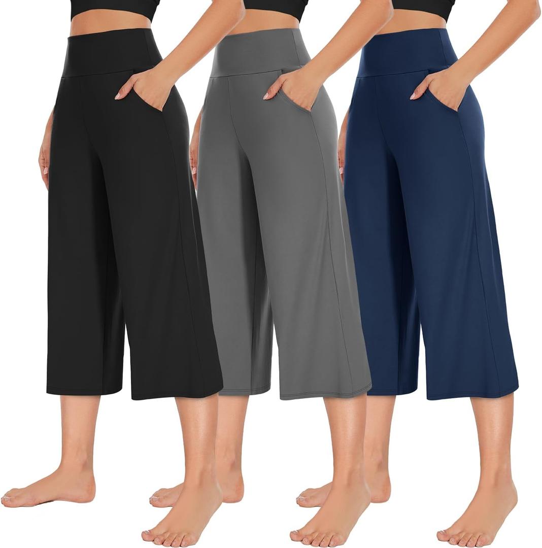 NEW YOUNG 3 Pack Women's Wide Leg Pants with Pockets High Waist Loose Sweatpants Casual Lounge Yoga Workout Palazzo (Medium, Capri-black,navy Blue,dark Grey)
