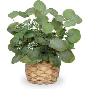 DILATATA Artificial Eucalyptus Stems in Woven Basket Planter, 12" Fake Plant Eucalyptus Leaves with Green Seeds Faux Potted Plant Greenery for Table Centerpiece Office Indoor Home Decor