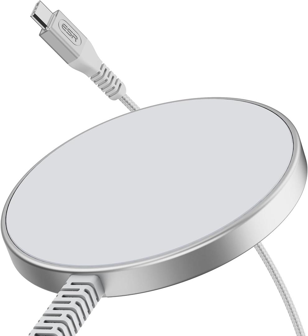 ESR HaloLock for Magsafe Charger, 15W Wireless Charger, Wireless Charging Pad for iPhone 15/14/13/12, AirPods 4/3/Pro/Pro 2, Galaxy S25, Strong Magnetic Charging Pad with Type-C Cable, Silver