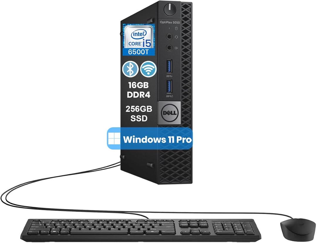 Dell OptiPlex 5050 Micro mini PC Desktop Computer, Intel Core i5-6500T, 16GB DDR4 RAM, 256GB SSD, Keyboard & Mouse, WiFi Adapter, DisplayPort, RJ-45/LAN, Windows 11 Pro
