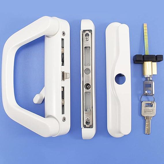 Sliding Patio Door Handle Set with Mortise Lock, Suitable for Sliding Glass Patio Door Thickness from 0.75in to 1.4in, 4-15/16" Screw Holes, Lock Outside, Reversible Design, Keyed, White