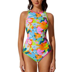 RXRXCOCO Women's One Piece Swimsuit Tummy Control High Neck Full Coverage Bathing Suit Color Block Swimwear M (Orange, M)