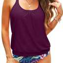 Tempt Me Blouson Two Piece Tankini Swimsuits for Women Tummy Control Bathing Suits with Bottoms Modest Loose Fit Swimwear (Purple Leaf) M