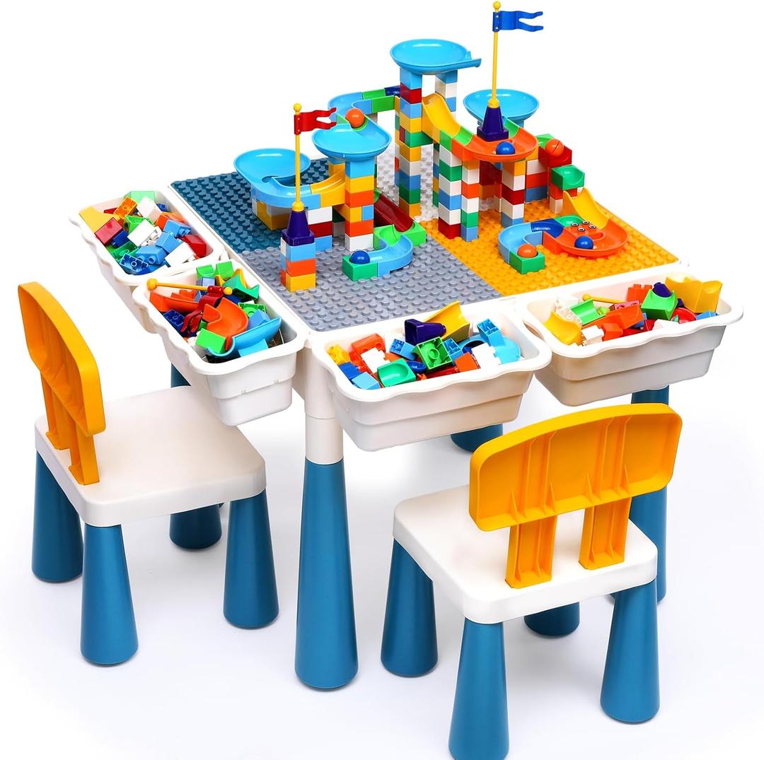 Arscniek Toddlers Activity Table 7 in 1 Kids Activity Tables and Chair Set with 152Pcs Large Marble Run Building Blocks, Sand/Water Tables, Kids Learning Play Table Toys for Girls Boys Toddler Age 3-7 (Blue)
