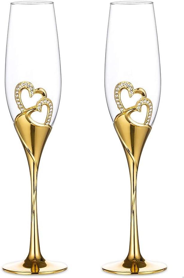 Wedding Champagne Glass Set Gold Toasting Flute Glasses Deluxe Pack of 2 with Rhinestone Rimmed Hearts Decoration for Wedding, Anniversary and Special Occasions