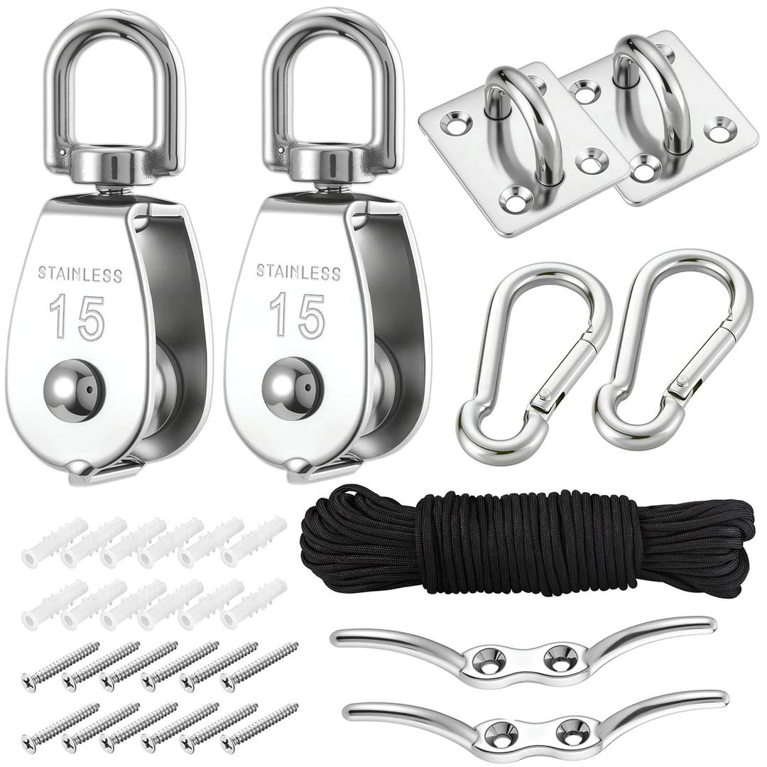 Mornajina 2 Sets M15 Cable Pulley System for Lifting Hanging, Including Heavy Duty Stainless Steel Single Pulley Block with 66FT Nylon Rope, Snap Hooks, Eye Pad Plate, Rope Cleat Hook, Loading 77lb