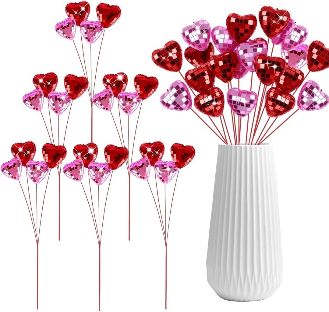 6 Set Valentines Day Glitter Heart Foam Picks with Mirror Disco Balls Stems Heart Shaped Valentines Tree Topper Valentines Floral Picks for Valentine's Day Vase Centerpieces Wedding Party Decor Gifts (Red Pink)