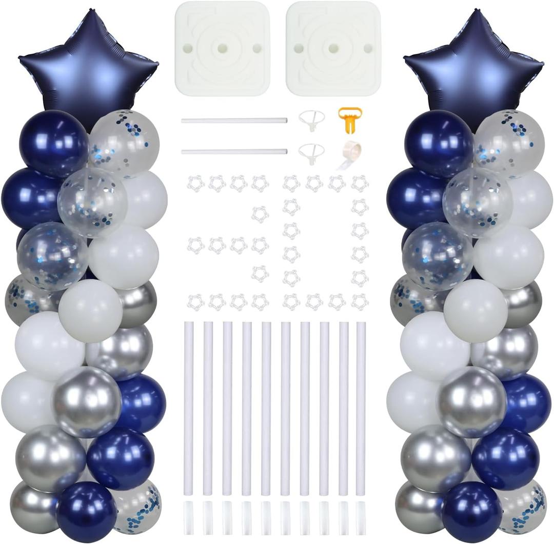 2 Set 5 Feet Balloon Column Kit With Balloons, 80 Pcs Navy Blue Silver Balloons, Navy Blue Start Balloons, for Boy Birthday, Wedding, Baby Shower, Bridal Shower, Graduation Party