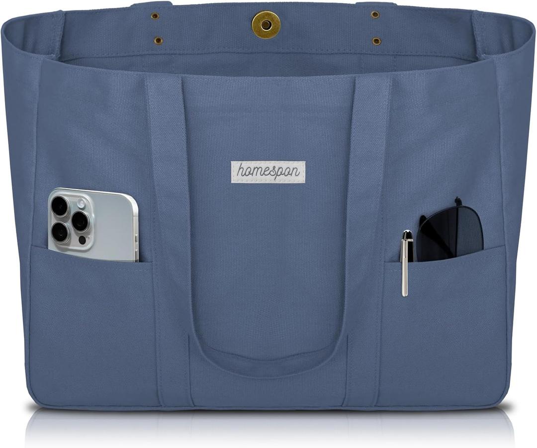 HOMESPON Large Canvas Tote Bag for Women Everything Bag with Pockets and Laptop Sleeve (Blue)