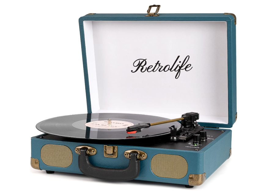 Vinyl Record Player 3-Speed Bluetooth Suitcase Portable Belt-Driven Record Player with Built-in Speakers RCA Line Out AUX in Headphone Jack Vintage Turntable Coral Blue