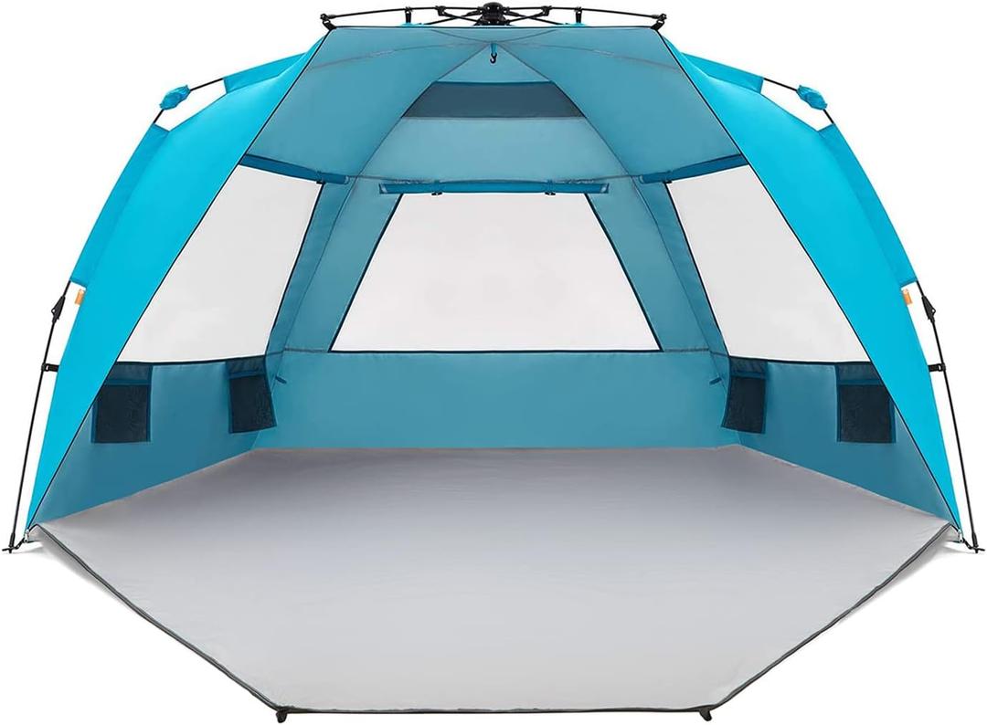 Easthills Outdoors Instant Shader Enhanced Deluxe XL Beach Tent Easy Set Up 4-6 Person Popup Sun Shelter 99" Wide for Family UPF 50+ Double Silver Coating with Extended Zippered Floor Pacific Blue