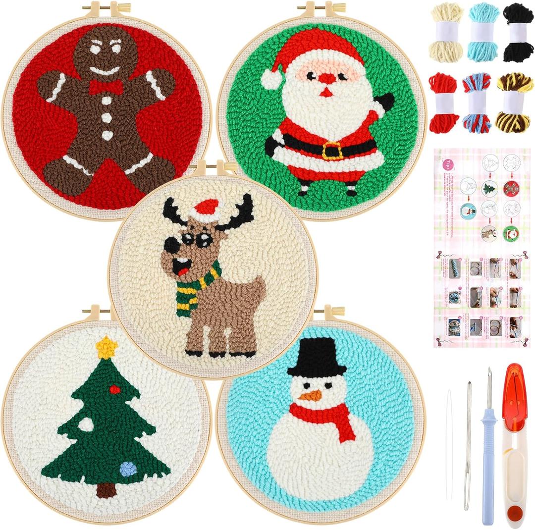 VitalCozy 5 Pcs Christmas Punch Needle Embroidery Starter Kits for Adults and Beginners Christmas Tree Santa Snowman Gingerbread Elk Punch Needle Kit with Hoops Yarns Tools Instructions for DIY Craft