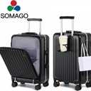 Somago Carry on Luggage Front Open 22x14x9 Airline Approved Lightweight Suitcase with Cup Holder and USB Port Aluminum Frame Polycarbonate Spinner Hard Suitcase with TSA Lock (Classic Black)