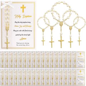 Quelay 50 Sets Rosary Baptism Favors Mini Acrylic Rosary Finger Rosaries Gold Bead Faux Pearls with Cards and Bags Recuerdo De Boda Y Bautizo for Christening Party Favor(Baptism)