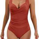 Eomenie Women's One Piece Swimsuit Tummy Control Slimming Push Up Bra Bathing Suits Wrap Twist 1 Piece Swimwear Reddish Brown Small