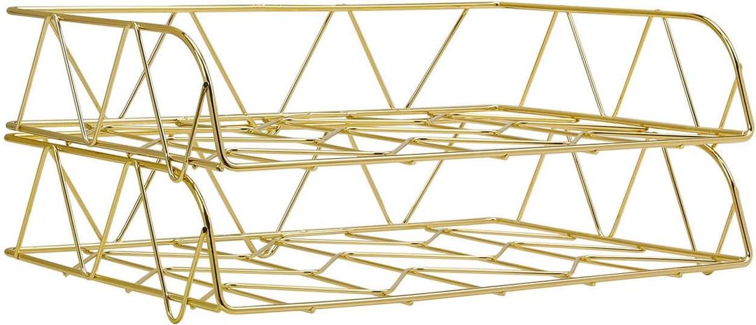 PAG 2 Packs Desktop File Organizer Metal Stackable Horizontal Letter Tray Paper Holder Rack, Gold