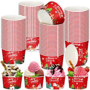 Domensi 100 Pcs Christmas Treat Snack Cups 12 oz Xmas Themed Paper Treat Food Disposable Bowls Holiday Ice Cream Snack Bowls for Parties Merry Christmas Paper Dessert Cups (Classic)